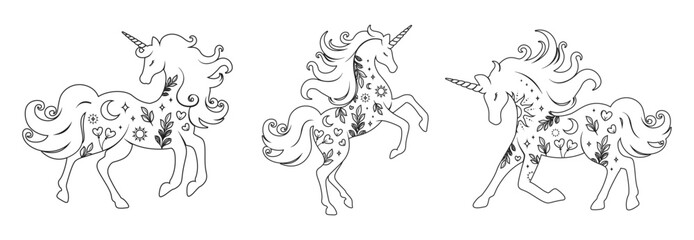 Unicorn Coloring Book Page For Kids set, line art cartoon illustration. Fantasy theme magical mystic horse outline doodle design, digital stamp. Product design t shirt print.