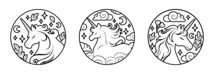 Unicorn Coloring Book Page For Kids set, line art cartoon illustration. Fantasy theme magical mystic horse outline doodle design, digital stamp. Product design t shirt print.