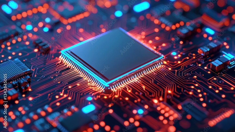 Poster close-up of microchip on circuit board with glowing connections