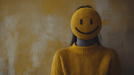 Person in Yellow Sweater Wearing Smiley Face Mask Against Wall