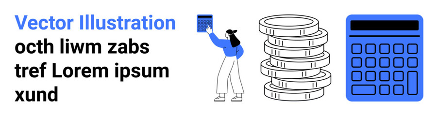 Woman reaching for a folder near stacked coins and a calculator. Ideal for finance, budgeting, accounting, bookkeeping, investment, business planning, simple landing page