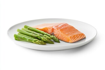 Salmon and Asparagus on White Plate, Studio Shot