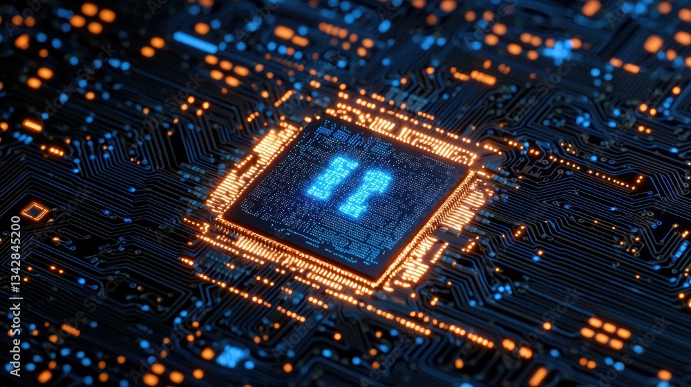 Poster close-up view of a microchip with glowing circuitry details