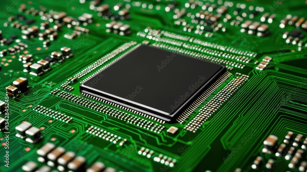 Poster close-up view of a computer chip on green circuit board surface