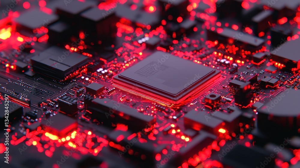 Poster close-up of circuit board with red led lights and microchip