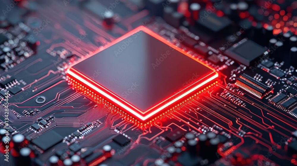 Poster illuminated microchip on circuit board with futuristic technology