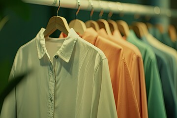 Obraz premium Colorful shirts on hangers, retail display, lush background. Possible use fashion catalog