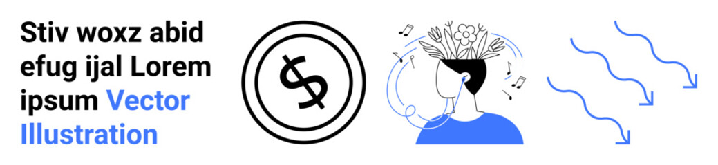 Woman with artistic thoughts emanating, currency icon surrounded by lines, dynamic movement. Ideal for creativity, innovation, finances, personal growth, artistic expression, mental clarity success