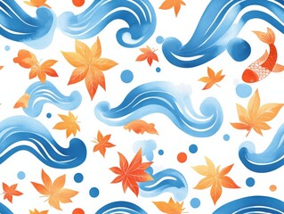 Vibrant Watercolor Pattern of Japanese Elements with Waves and Fish