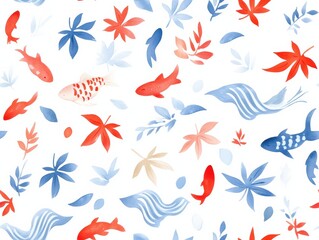 Vibrant Watercolor Japanese Pattern with Fish and Leaves Design