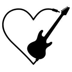 Silhouette of Electric Guitar Inside Heart Shape with Guitar Cable Forming Heart, Connection Between Love for Rock 'n' Roll Music and Passion for Guitar Playing 