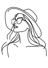 Woman in Hat and Sunglasses with Long Hair Flowing Freely on Her Shoulders, Relaxation, Summer Vibes, and Stylish Summer Accessories for a Fashionable Getaway 