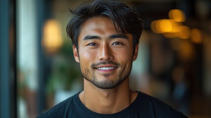 Fototapeta premium Portrait of a smiling Asian man, indoor setting, natural light, friendly expression
