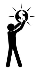 Silhouette of a Person Holding a Dollar Symbol Circle Over Head, Radiating Lines,  Money Earning, Dollar Stability, Cryptocurrency, Modern Financial Markets