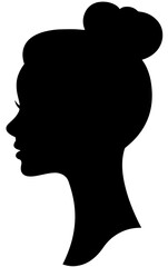 Silhouette of a Woman’s Head with Hair in a Bun, Showing Facial Features, Nose, Lips, and Chin, Logo for Hairdressing Salons, Beauty Services, Women's Grooming