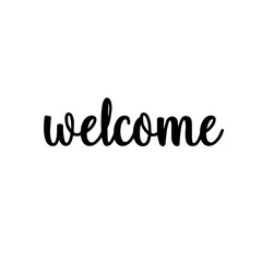 “Welcome” Word in Elegant Black Cursive Font for Housewarming Invitations, Celebrating New Beginnings, Hospitality, Festive Invitations for New Home Owners