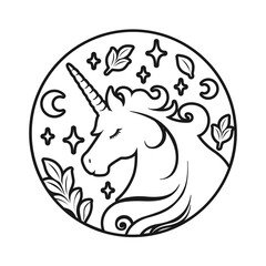 Unicorn Coloring Book Page For Kids, cartoon illustration. Fantasy theme magical mystic horse outline doodle design, digital stamp. Product design t shirt print.
