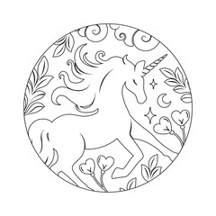 Unicorn Coloring Book Page For Kids, cartoon illustration. Fantasy theme magical mystic horse outline doodle design, digital stamp. Product design t shirt print.