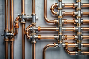 Fototapeta premium Intricate Network of Copper and Steel Pipes A Detailed Close-Up of Plumbing Components and Connections
