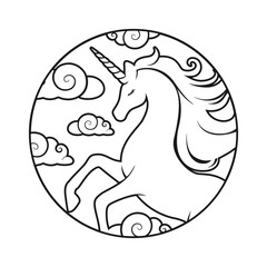 Unicorn Coloring Book Page For Kids, cartoon illustration. Fantasy theme magical mystic horse outline doodle design, digital stamp. Product design t shirt print.