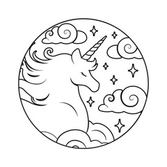 Unicorn Coloring Book Page For Kids, cartoon illustration. Fantasy theme magical mystic horse outline doodle design, digital stamp. Product design t shirt print.