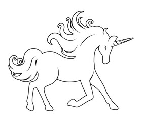 Unicorn Outline Line Art. Fantasy theme magical mystic horse coloring book page, digital stamp. Product design t shirt print.