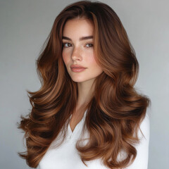 Naklejka premium European woman with long, wavy ginger hair and white top poses against neutral background