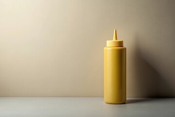 A yellow condiment bottle sits on a minimalist surface against a muted background.