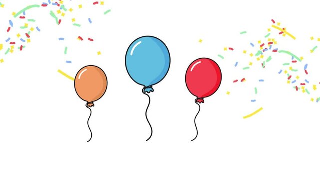 Animation of birthday balloons with colorful paper flying behind them.