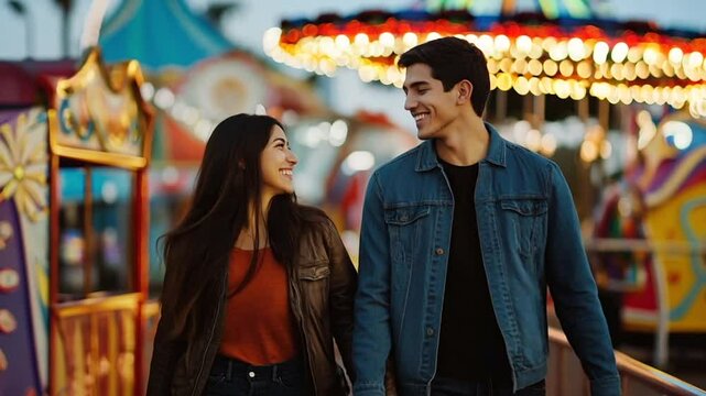 Couple lovers walking in an amusement park