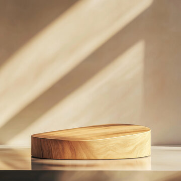 Fototapeta wooden podium with smooth surface is illuminated by soft, natural light, casting gentle shadows on beige background. Product Mockup