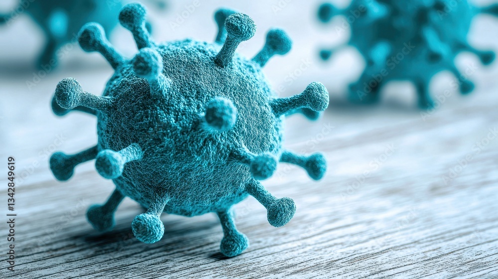 Poster close-up view of digital rendering of virus cells on textured surface