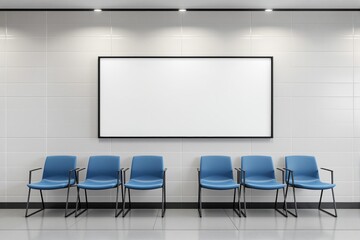 Blank white billboard on tiled wall in modern waiting area with blue chairs.