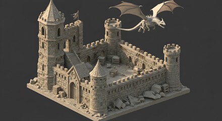 Dragon Flying Over Stone Castle, Miniature Model for Fantasy Gaming