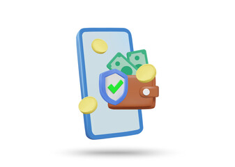3D illustration vector render of mobile phone icon, wallet, banknotes, coins and shield with check mark. Mobile financial transaction security concept and digital wallet.