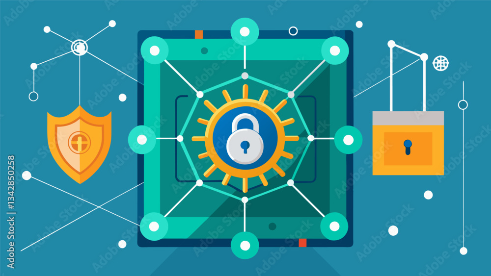 Poster an unbreakable vault protecting an intricate web of digital information.. vector illustration