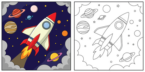 A rocket is flying through the sky with a planet and stars in the background