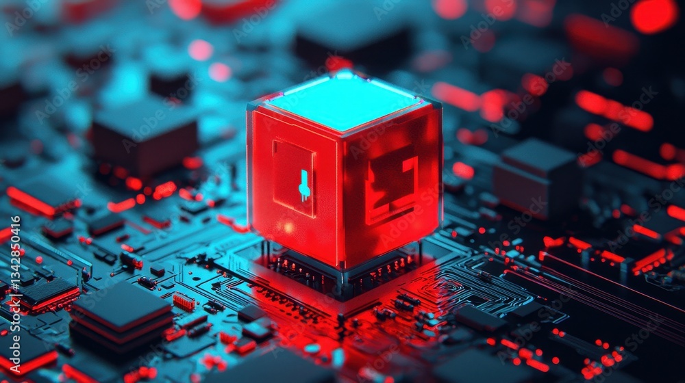 Poster abstract neon technology concept with red cube on circuit board