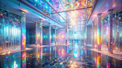 Fototapeta premium Enchanted Hallway A Dreamlike Interior with Sparkling Pillars and a Celestial Ceiling