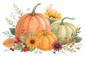 Autumn pumpkins with seasonal flowers, illustration isolated on white background. Autumn orange yellow and green pumpkins, seasonal illustration isolated on white background, Halloween clip art