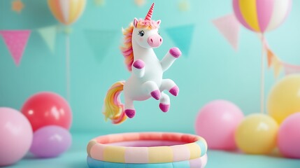 Stuffed unicorn in a circus ring performing tricks with pastel background
