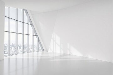 Obraz premium Modern empty interior with large glass windows and white walls.
