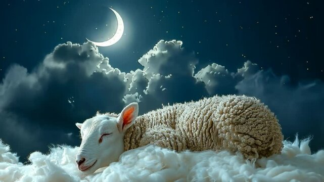 Sacrificial sheep and crescent moon on blue night sky. Greeting card for celebration Eid Al Adha Mubarak, Ramadan, Eid al Fitr.