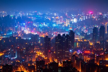 Obraz premium Cityscape at night. Urban scene with illuminated buildings in background for travel use