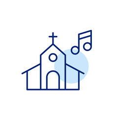 Church with cross and musical notes. Choral singing and music in worship services. Religious events. Pixel perfect, editable stroke icon