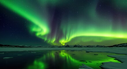 Stunning Aurora Borealis Illuminating the Night Sky Over Frozen Landscape