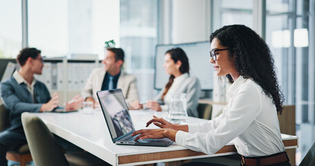 Meeting, colleagues and woman with laptop, boardroom and secretary with financial report on...