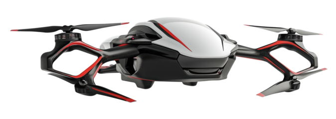 sleek, futuristic drone with white and red design, featuring advanced propellers and aerodynamic structure, suggesting high speed capabilities and modern technology