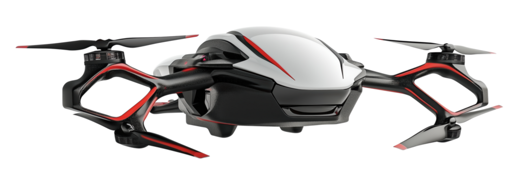 sleek, futuristic drone with white and red design, featuring advanced propellers and aerodynamic structure, suggesting high speed capabilities and modern technology