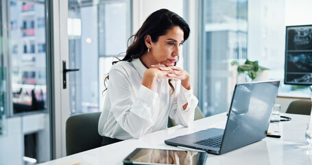 Doctor, laptop and reading with woman in hospital for healthcare, radiology or telehealth. Medical, report and research with professional in clinic for administration or management of medicare